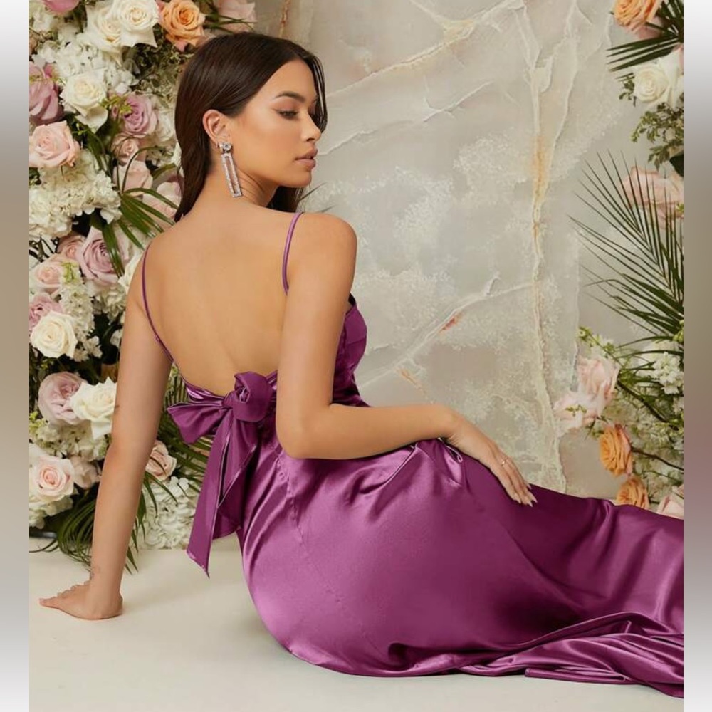 SHEIN BELLE Purple Satin Split Thigh Bridesmaid Dress - Picture 3 of 8